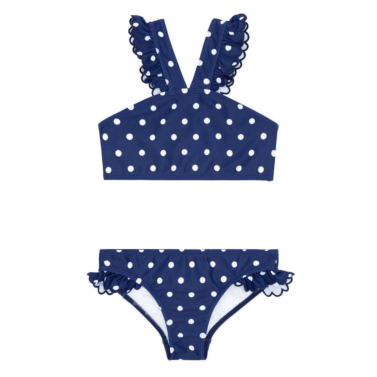 Front view of Girls Atlantic Dot V-Neck Crossover Bikini showcasing white polka dots and ruffled trim on white background