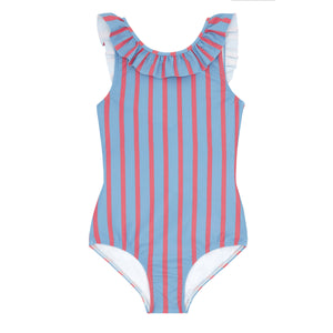 Girls Maritime Stripe Ruffle Collar One Piece