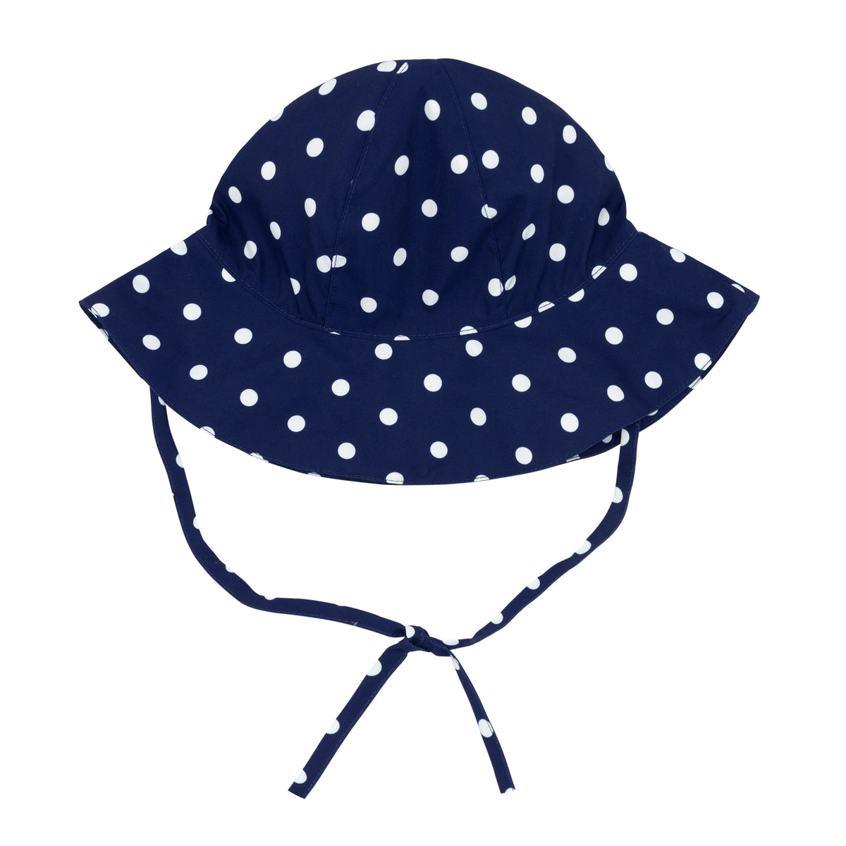 Top view of Baby Atlantic Dot Baby Sun Hat showcasing its large brim and chin ties with a white background