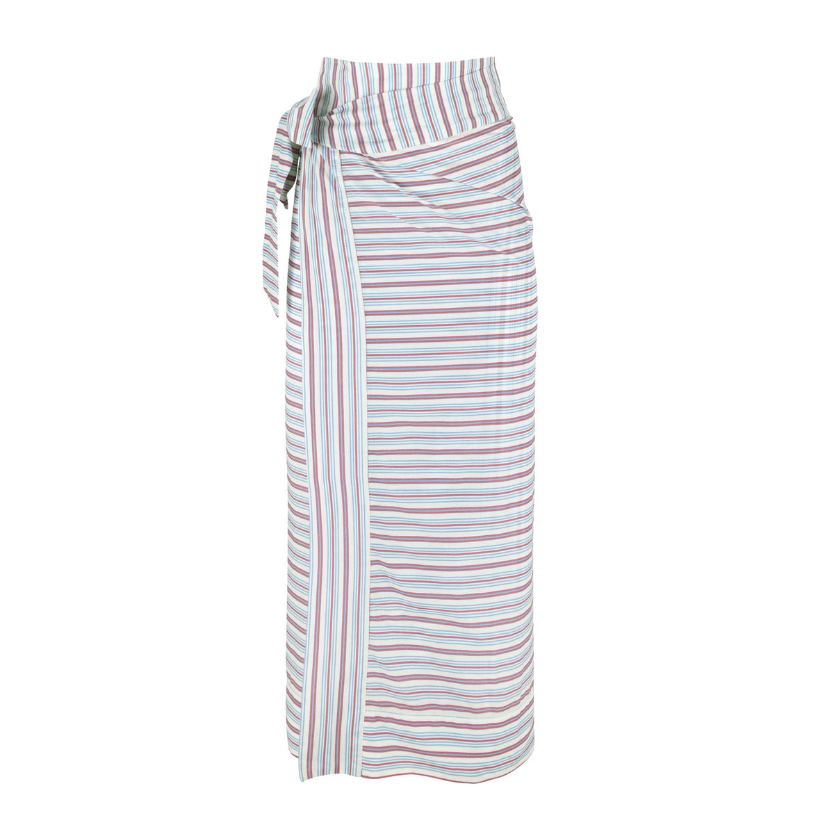 Front view of Women’s Vintage Stripe Pareo showcasing its red and blue stripe pattern and side tie with a white background