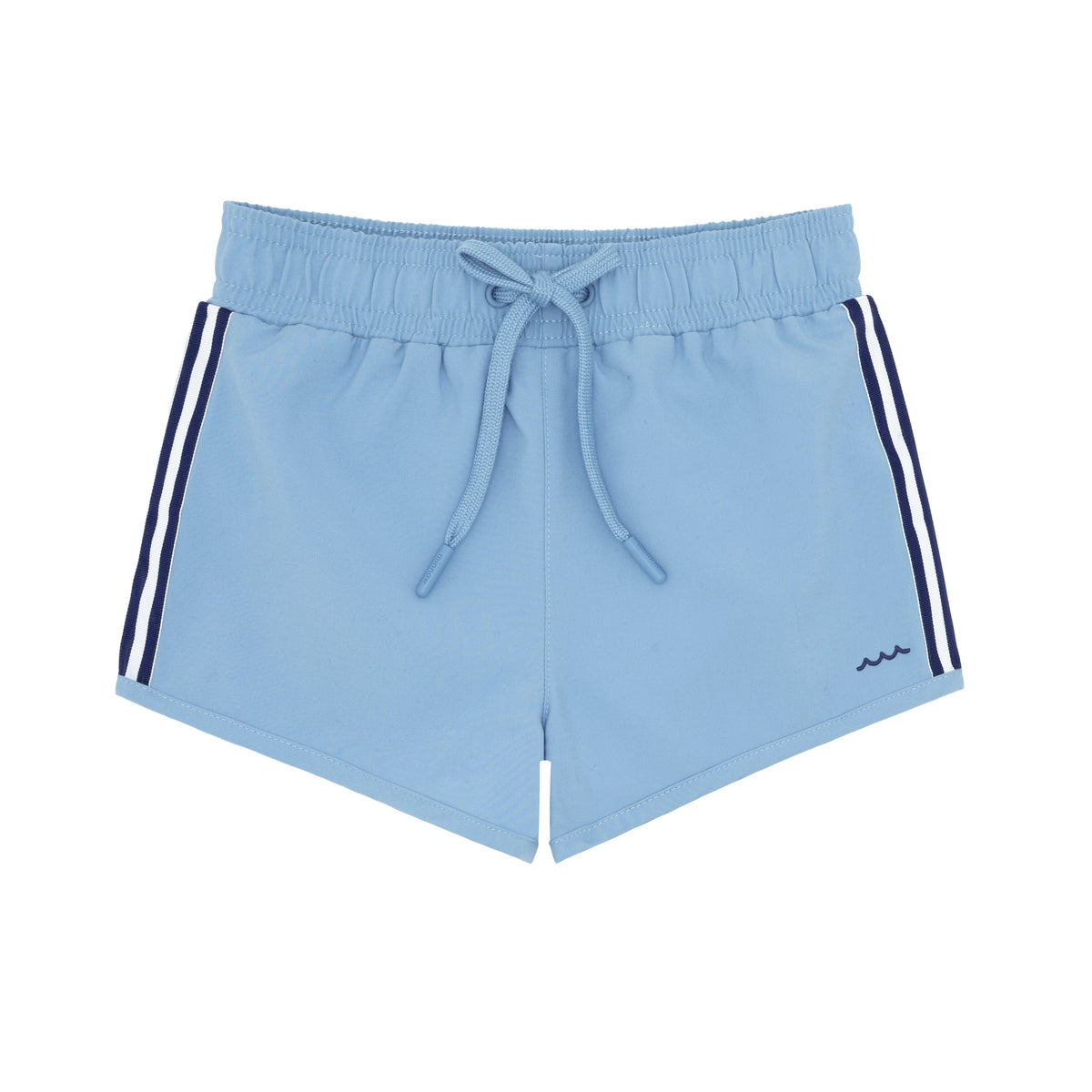 Front view of Boys Surfside Blue Boardie showcasing drawstring, elastic waistband, and side stripes on white background