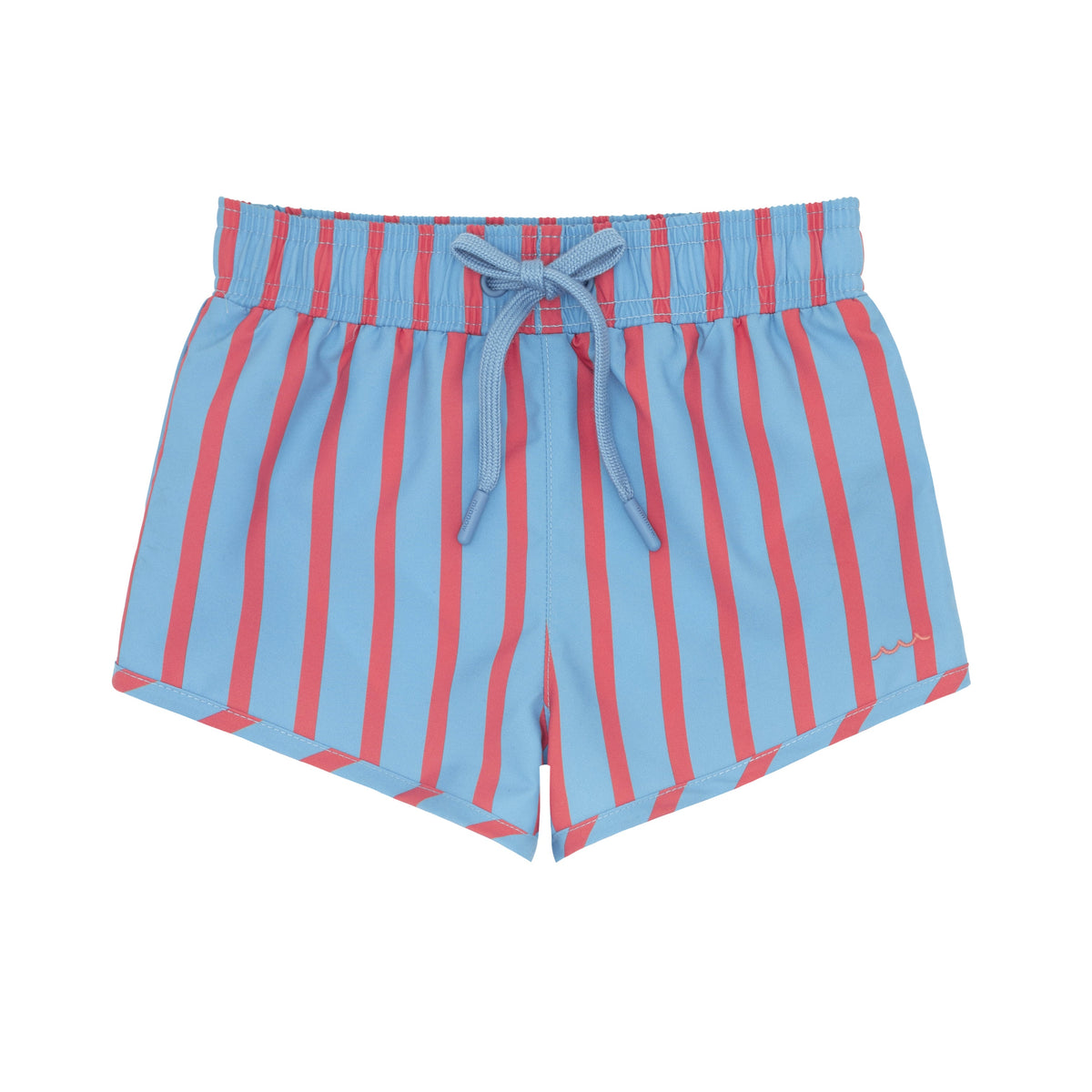 Front view of Boys Maritime Stripe Boardie with blue and coral stripes, elastic waistband, and drawstring