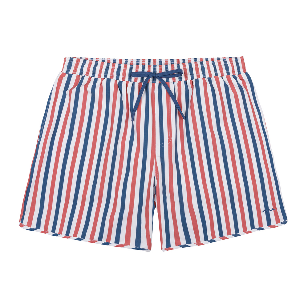 Front view of Men’s Surfrider Stripe Boardie showcasing red and navy vertical stripes, elastic waistband with navy drawstring, and side pockets on white background