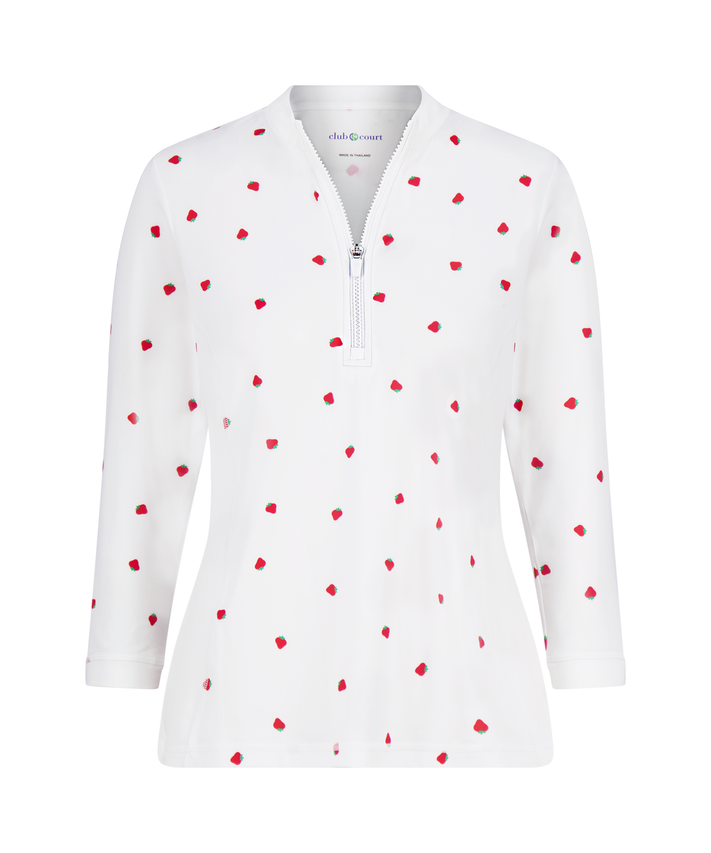 Front view of Sun Shirt showing white fabric with red strawberry print, 1/4 zip, mandarin collar and 3/4 sleeves on white background