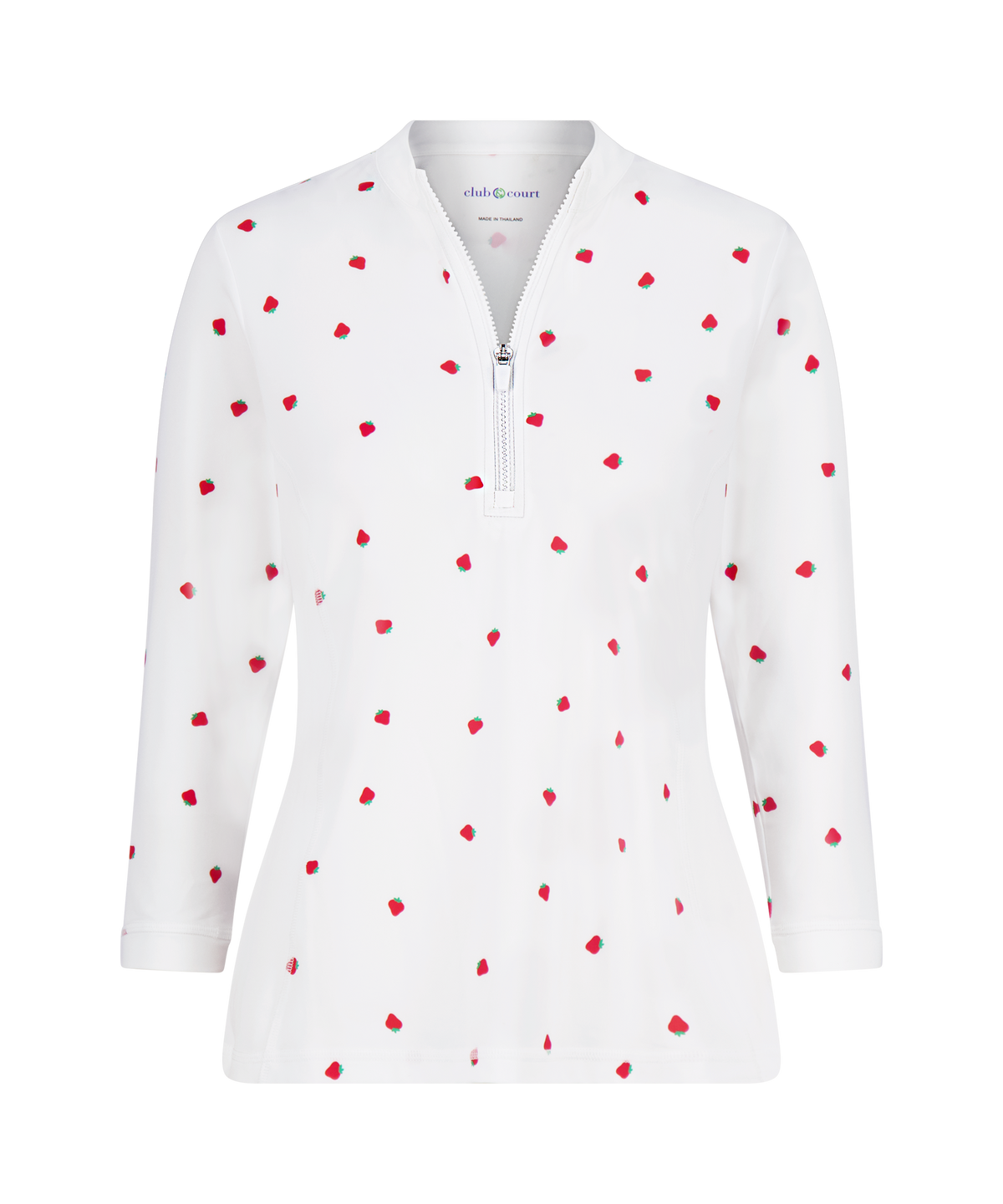 Front view of Sun Shirt showing white fabric with red strawberry print, 1/4 zip, mandarin collar and 3/4 sleeves on white background
