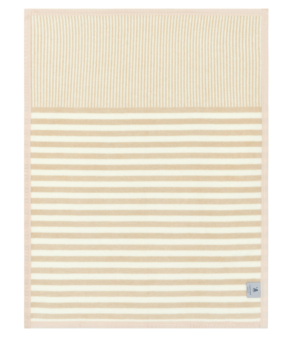 Beige and white striped mini blanket with vertical pin-tuck pattern on upper section and horizontal stripes on lower section.