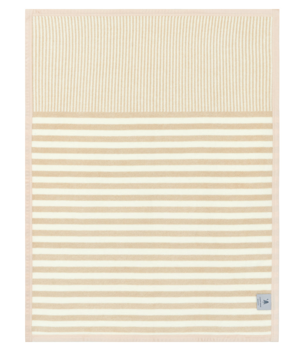 Beige and white striped mini blanket with vertical pin-tuck pattern on upper section and horizontal stripes on lower section.