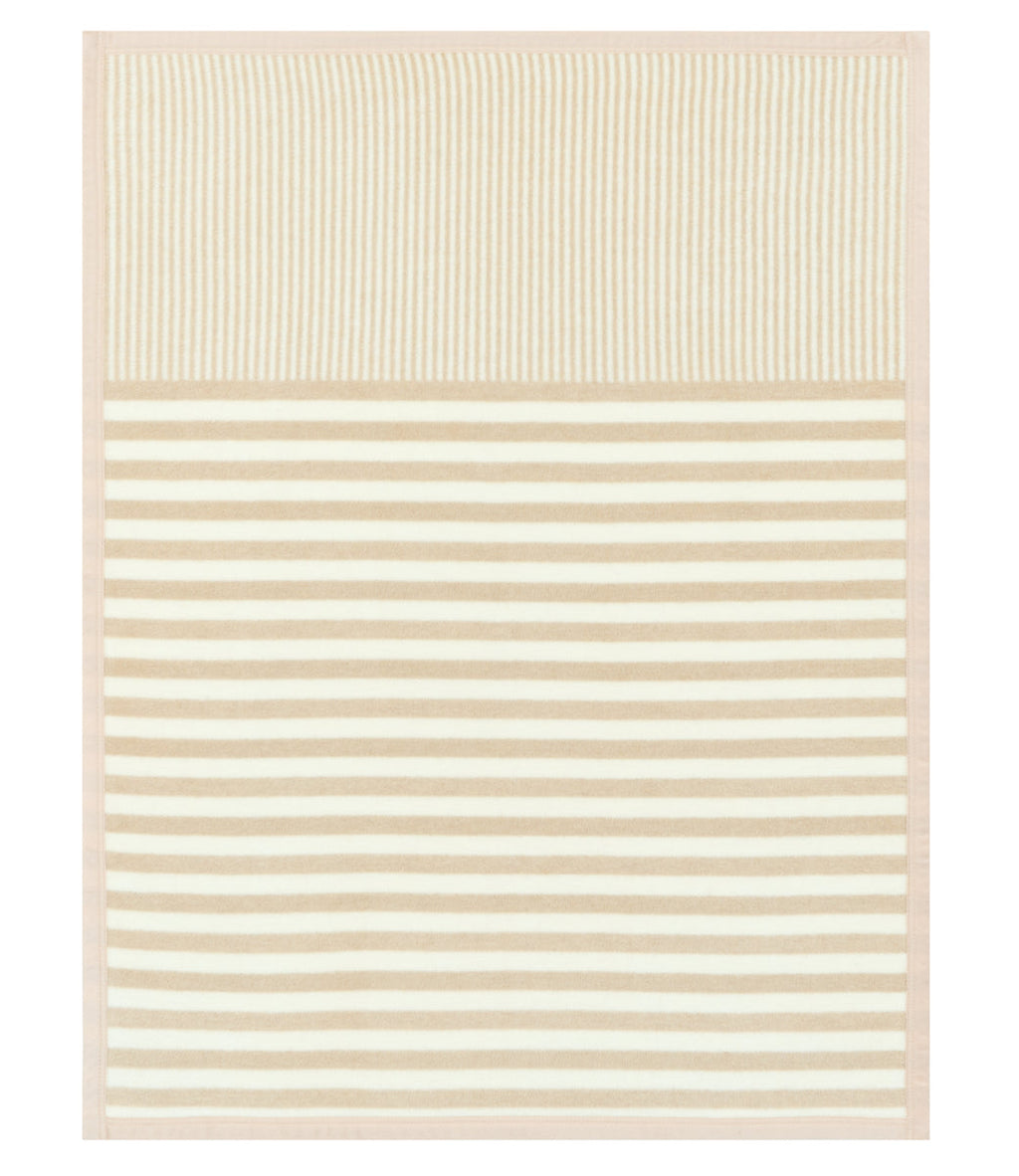 Cream and beige striped mini blanket with vertical stripes on upper section and horizontal stripes on lower section.
