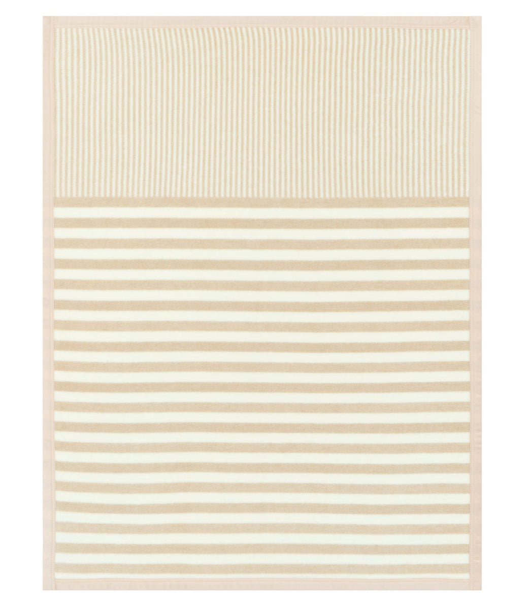 Cream and beige striped mini blanket with vertical stripes on upper section and horizontal stripes on lower section.