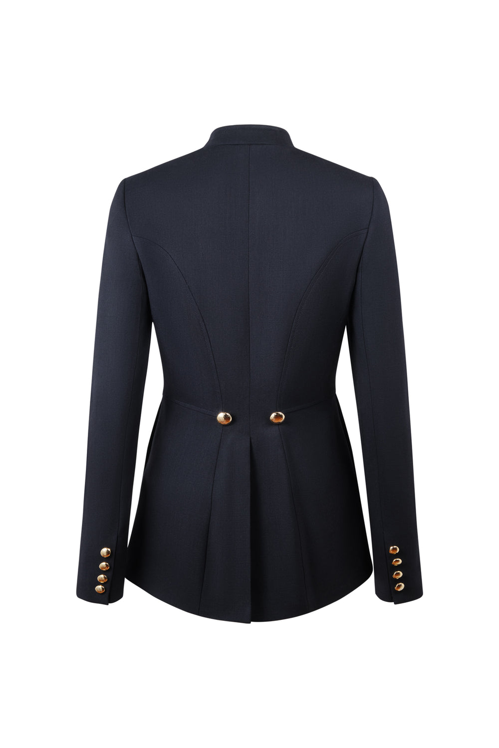 Back view of Sabri Minuit blazer in navy showcasing tailored back pleats and gold-tone buttons at center back and on cuffs on white background