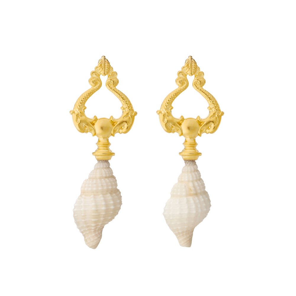 Front of Sadie earrings with 24k gold-plated dolphin toppers and dangling white trumpet shells on white background