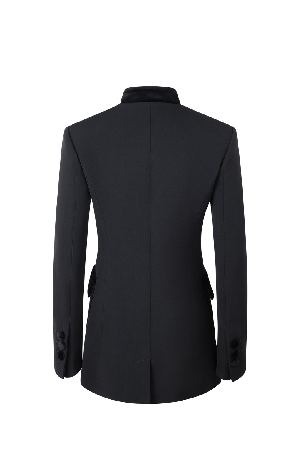 Back view of Safi Nero black blazer showcasing tailored structured fit and velvet-covered buttons on white background