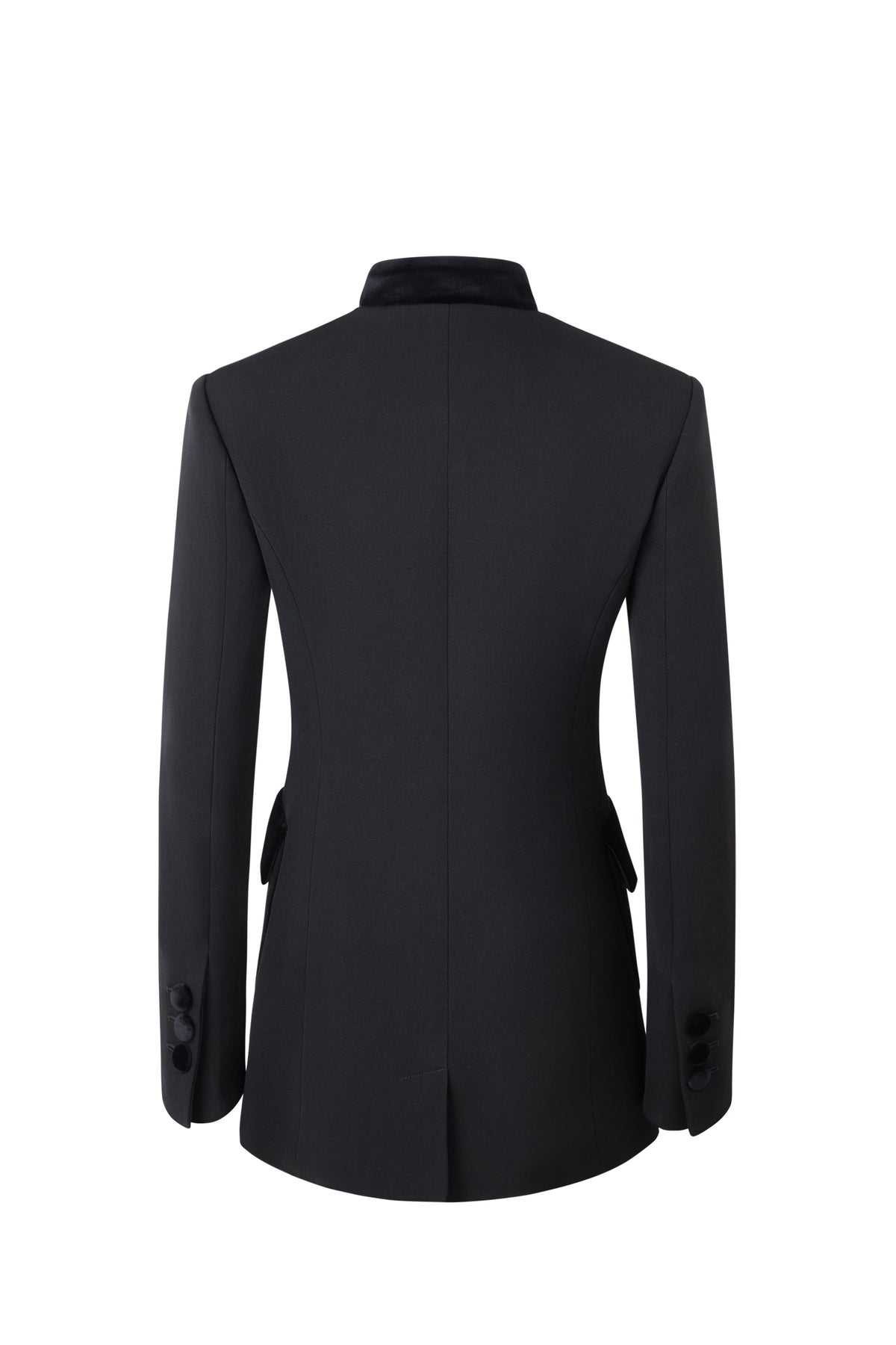 Back view of Safi Nero black blazer showcasing tailored structured fit and velvet-covered buttons on white background