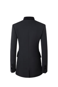 Back view of Safi Nero black blazer showcasing tailored structured fit and velvet-covered buttons on white background