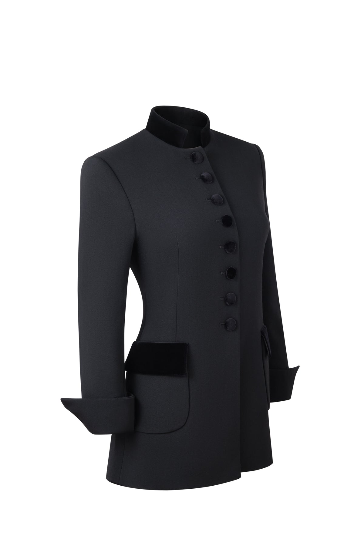 Three-quarter view of Safi Nero in Black blazer showcasing its tailored, structured fit and velvet-covered buttons against a white background