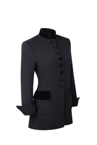 Three-quarter view of Safi Nero in Black blazer showcasing its tailored, structured fit and velvet-covered buttons against a white background