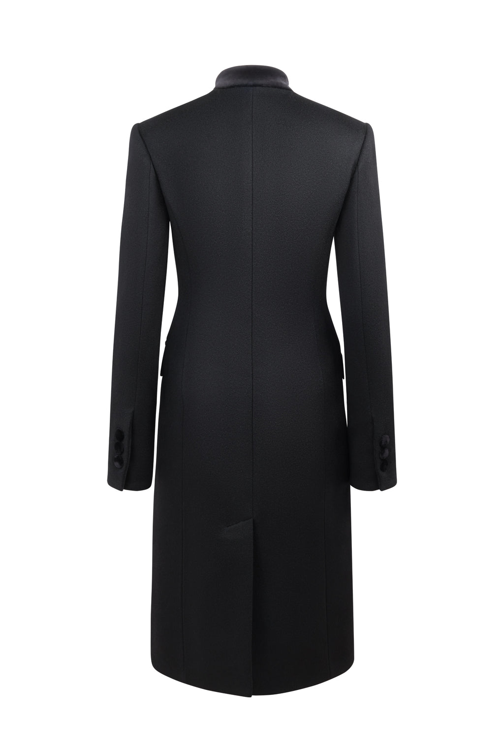 Back view of Safi Coat in Black showcasing its tailored silhouette and below-knee length against a white background