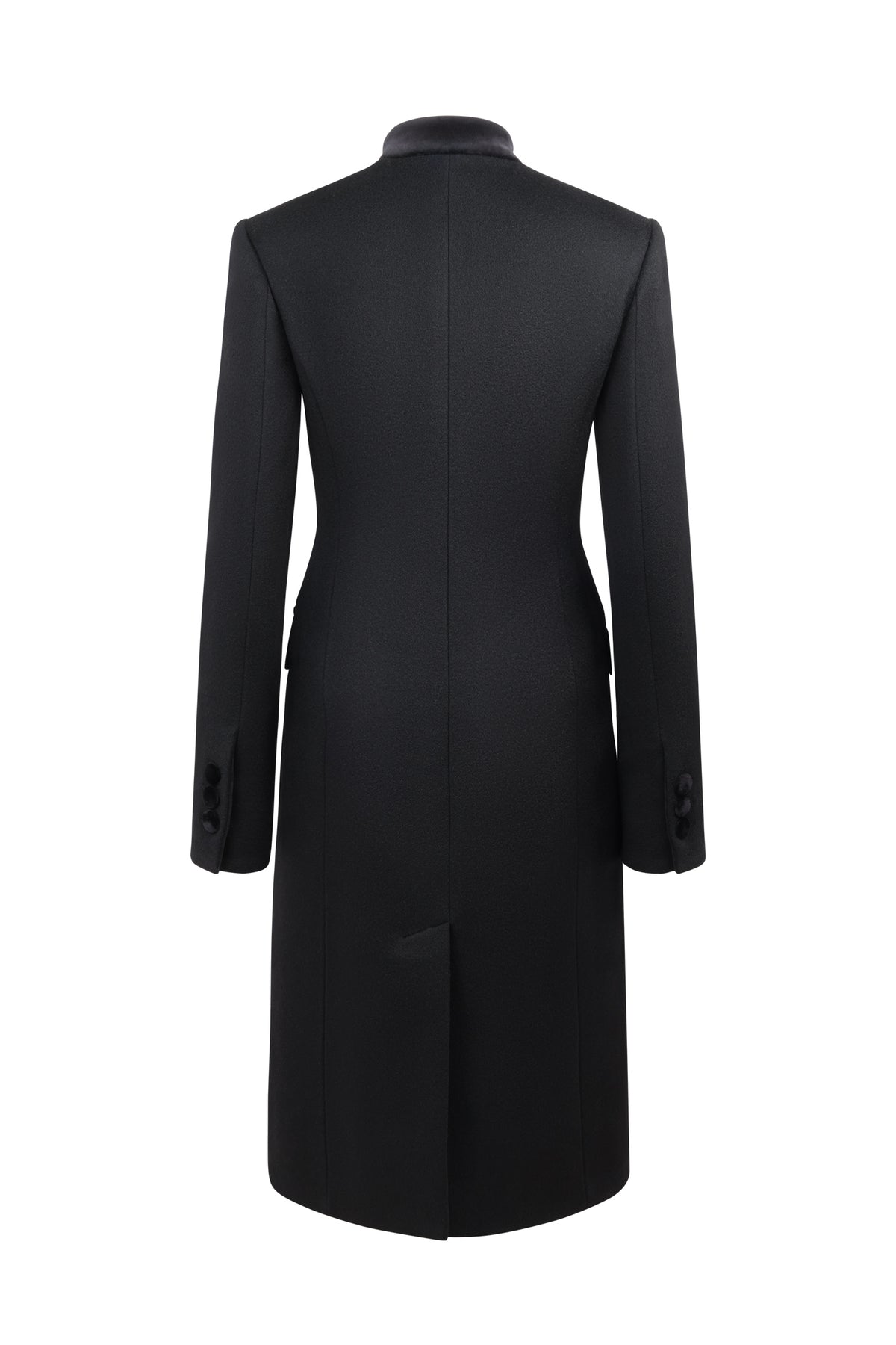 Back view of Safi Coat in Black showcasing its tailored silhouette and below-knee length against a white background