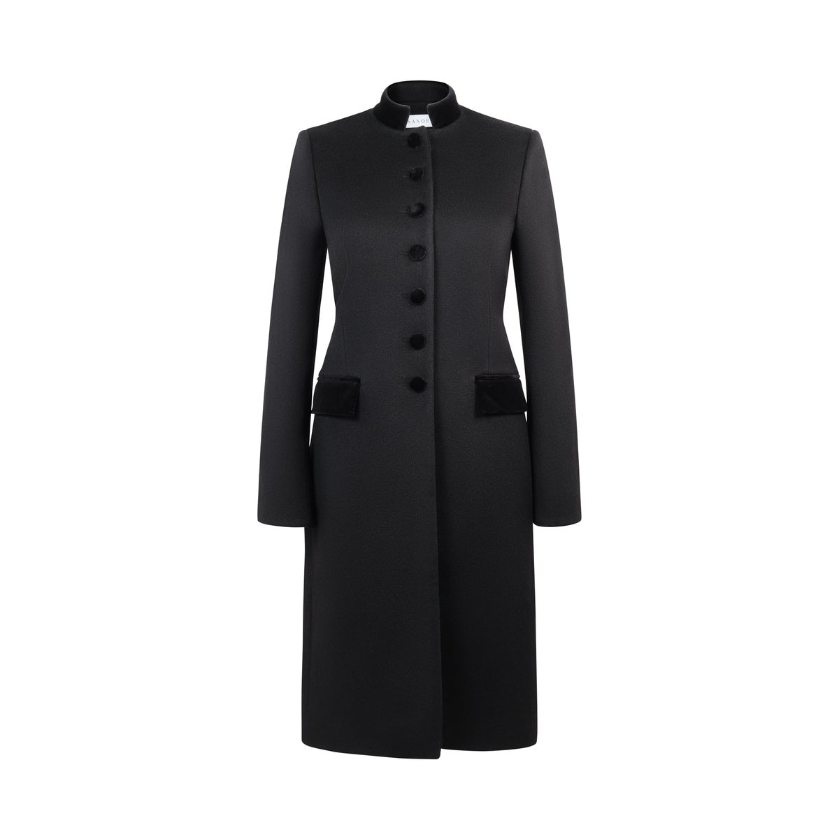 Front view of Safi Coat in Black showcasing its tailored silhouette, velvet collar and pockets against a white background