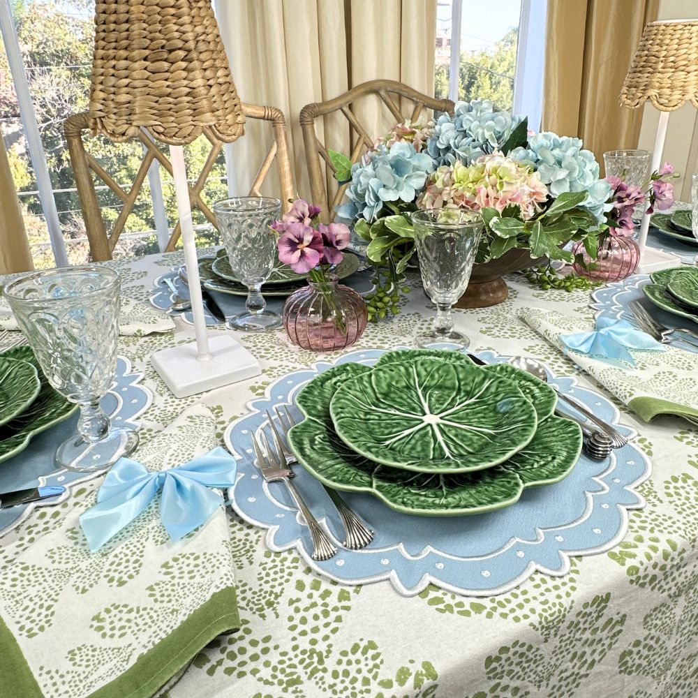 Sage Kelli tablescape with blue sati napkin bows