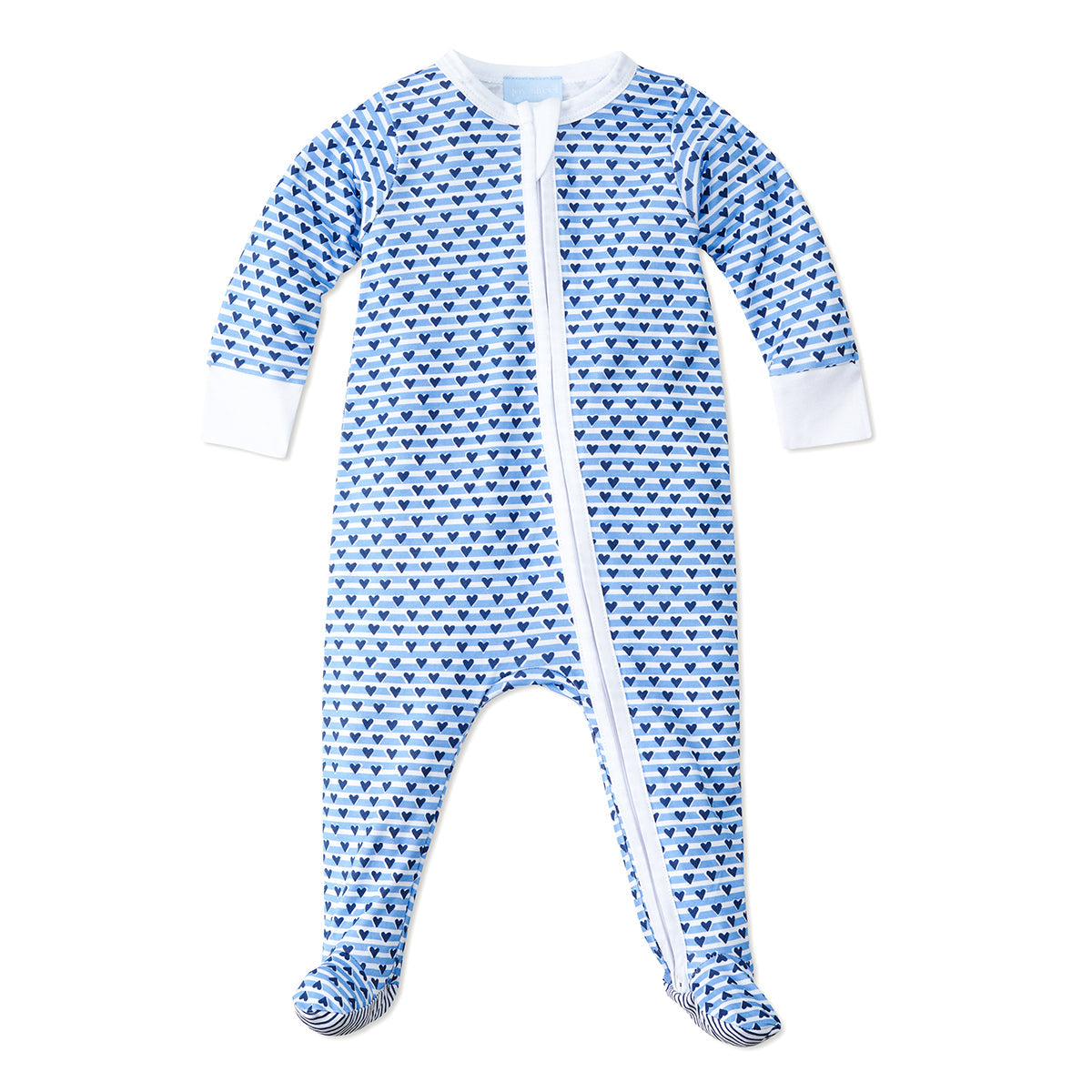 Front view of Sailor Hearts zip onesie with blue heart-striped print, full-length zipper, white cuffs and footed legs