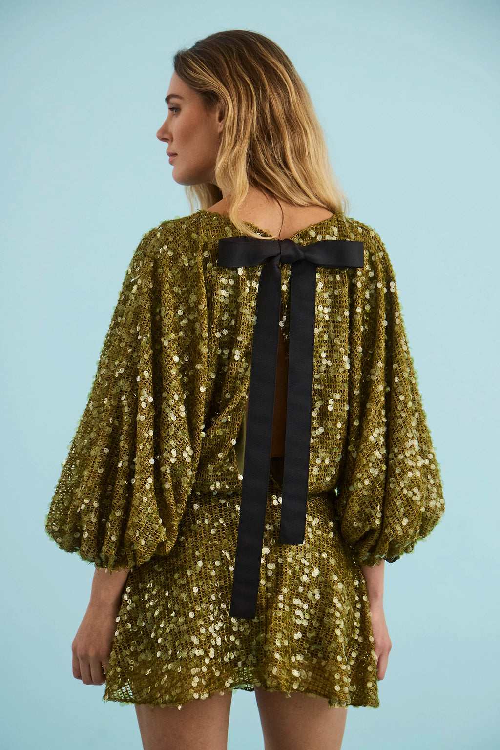 The Salter Mini Dress in Moss Sequin. 