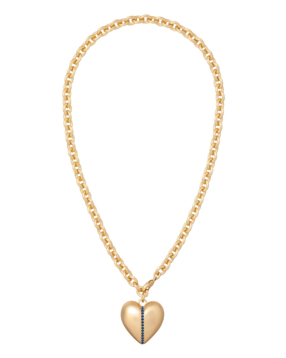 Front view of Sapphire Stripe Puffy Heart pendant necklace showcasing satin gold-tone puffy heart with vertical sapphire-pave stripe on gold chain