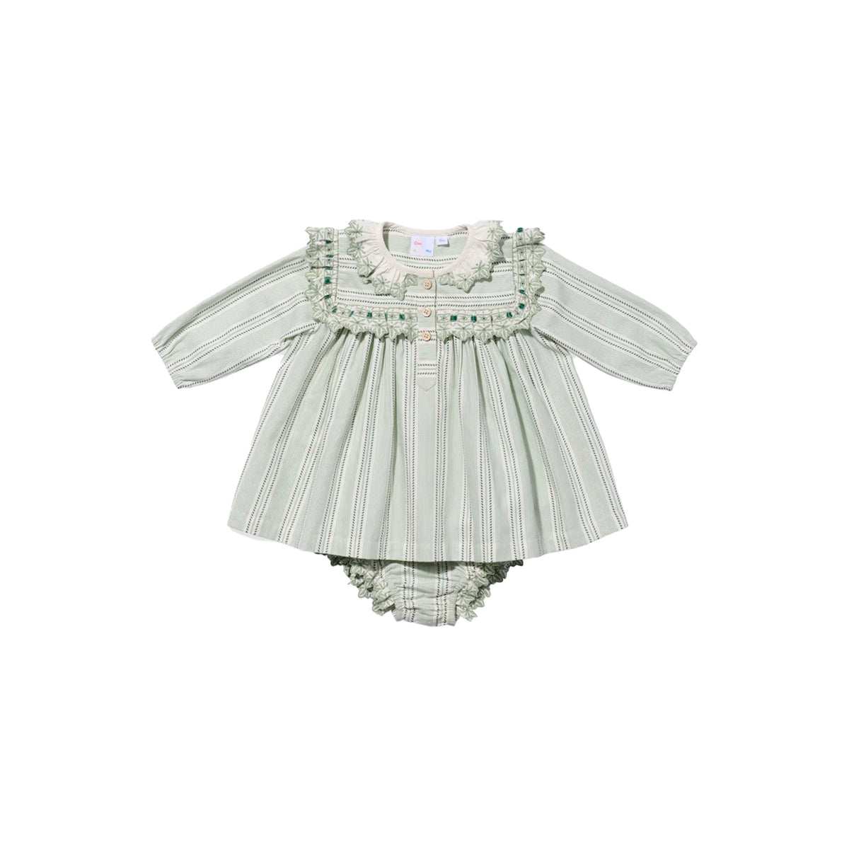 Front view of Sara Baby Dress in Sage Chevron Stripe showing embroidered yoke and collar with bloomers on white background