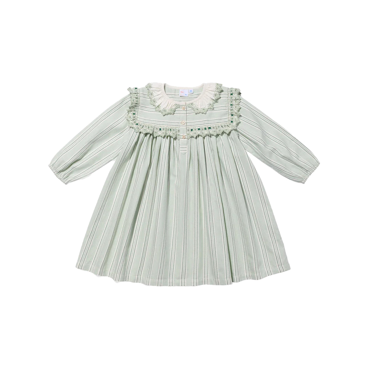 Front view of Sara Dress in Sage Chevron Stripe showcasing embroidered yoke and collar with a white background