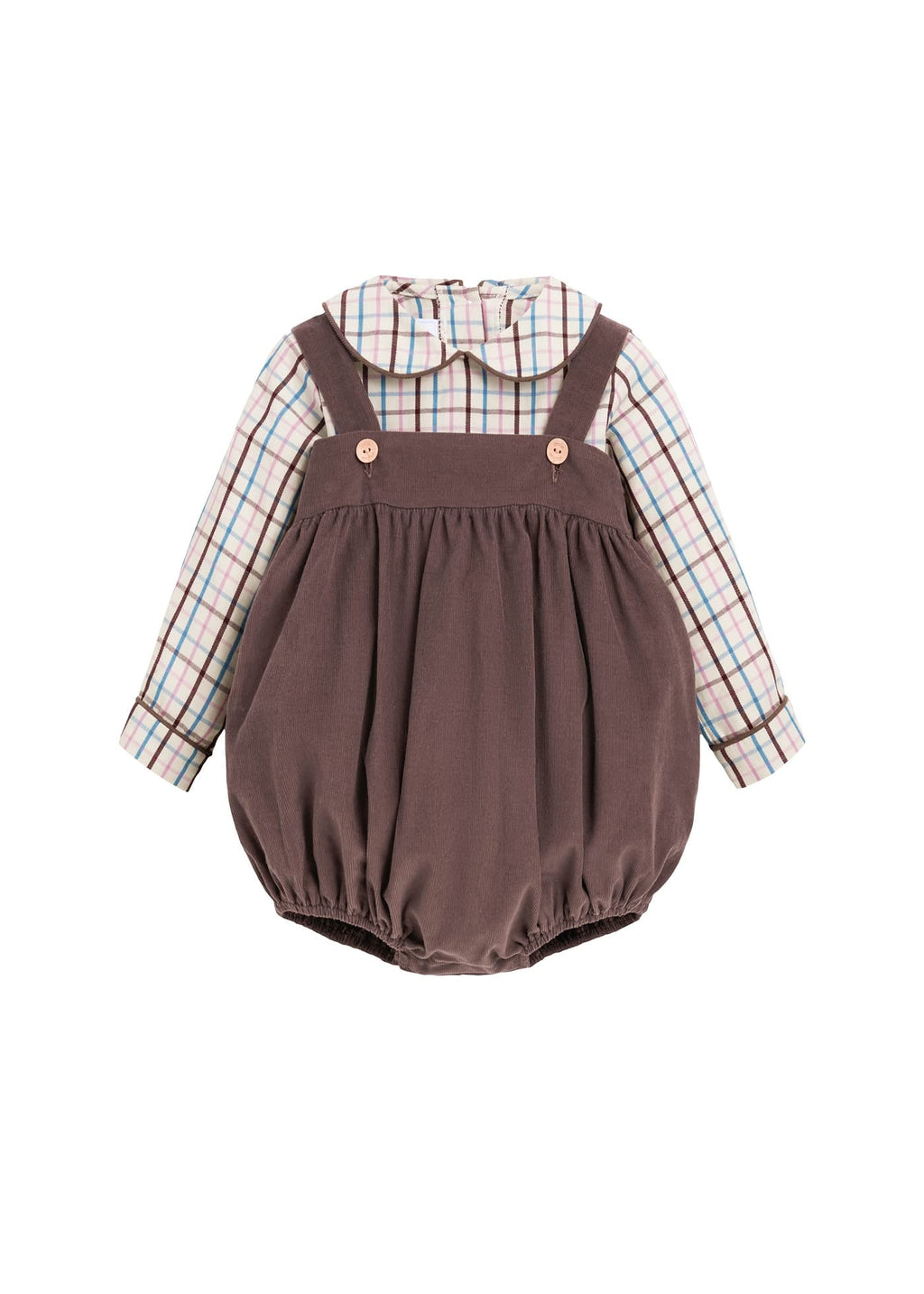 Little English traditional children's clothing.  Long sleeve brown, blue, and pink Wilmington Plaid peter pan shirt and chocolate brown corduroy bubble set for baby boys
