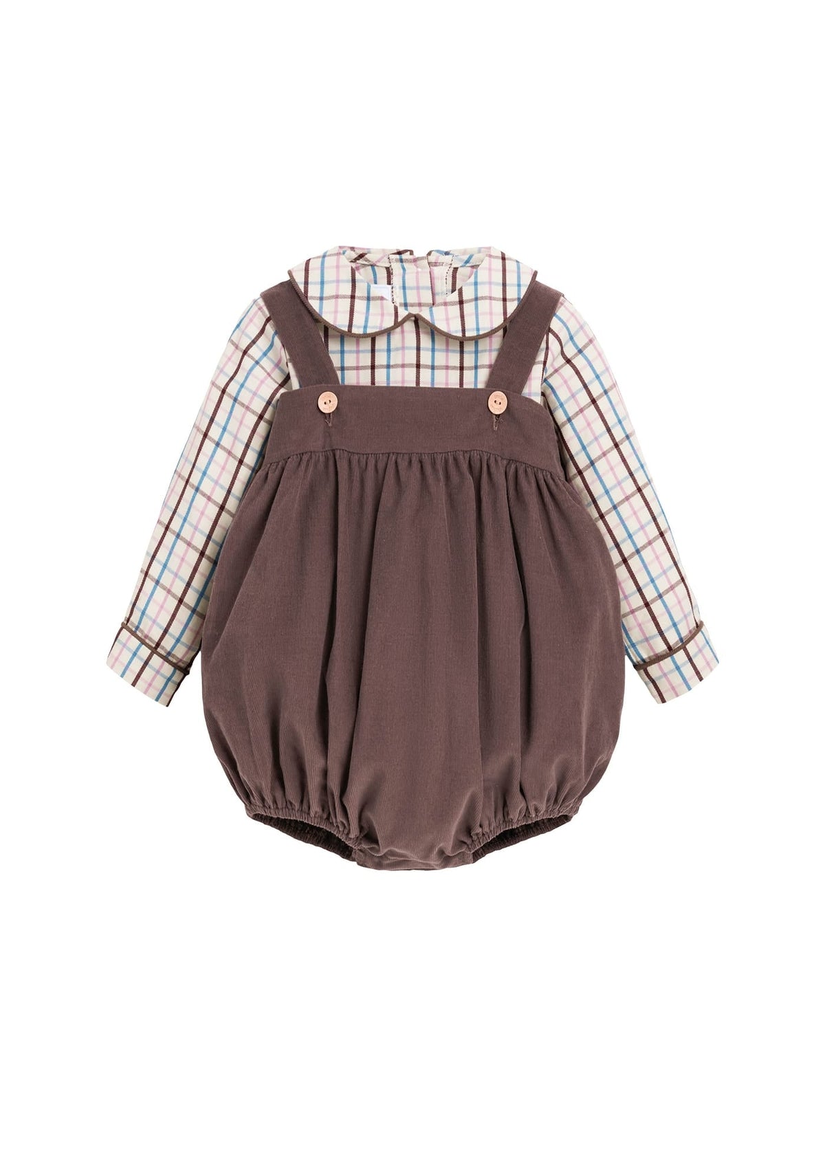 Little English traditional children's clothing.  Long sleeve brown, blue, and pink Wilmington Plaid peter pan shirt and chocolate brown corduroy bubble set for baby boys