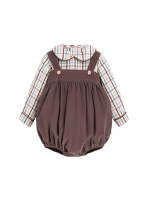 Little English traditional children's clothing.  Long sleeve brown, blue, and pink Wilmington Plaid peter pan shirt and chocolate brown corduroy bubble set for baby boys