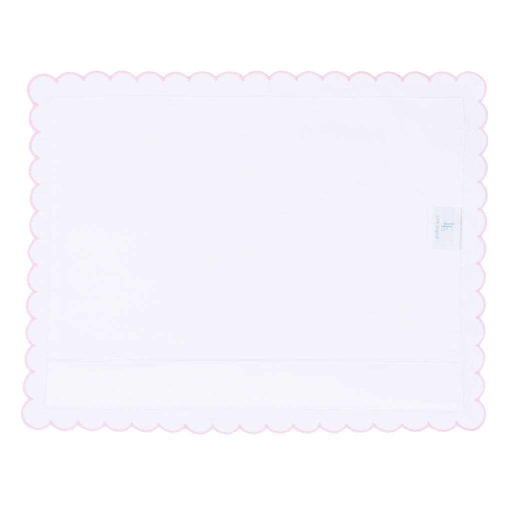 Little English baby pillow case with scallop edge trimmed in light pink embroidery, nursery goods for baby