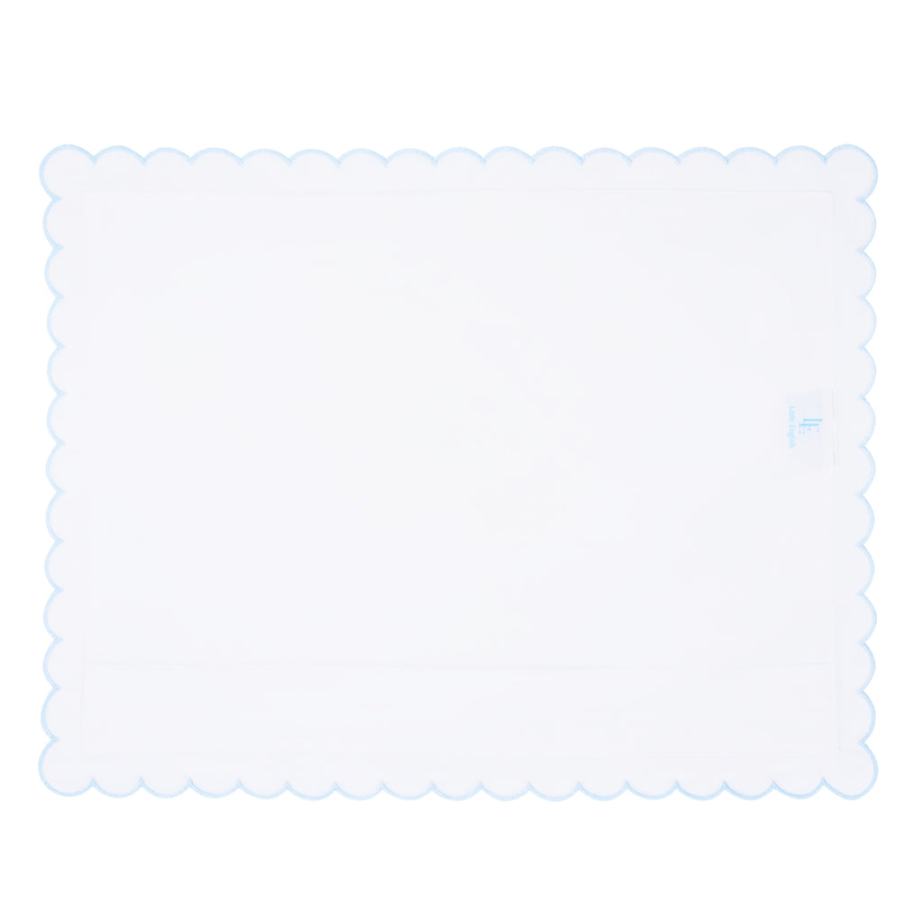 Little English baby pillow case with scallop edge trimmed in light blue embroidery, nursery goods for baby