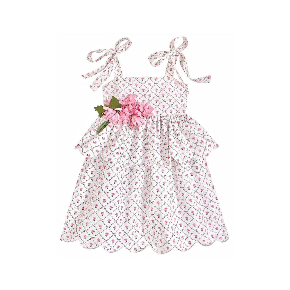 Front view of Scallop Peplum Petal Dress in Pink Rose Trellis with scalloped hem, peplum and tied ribbon shoulder bows