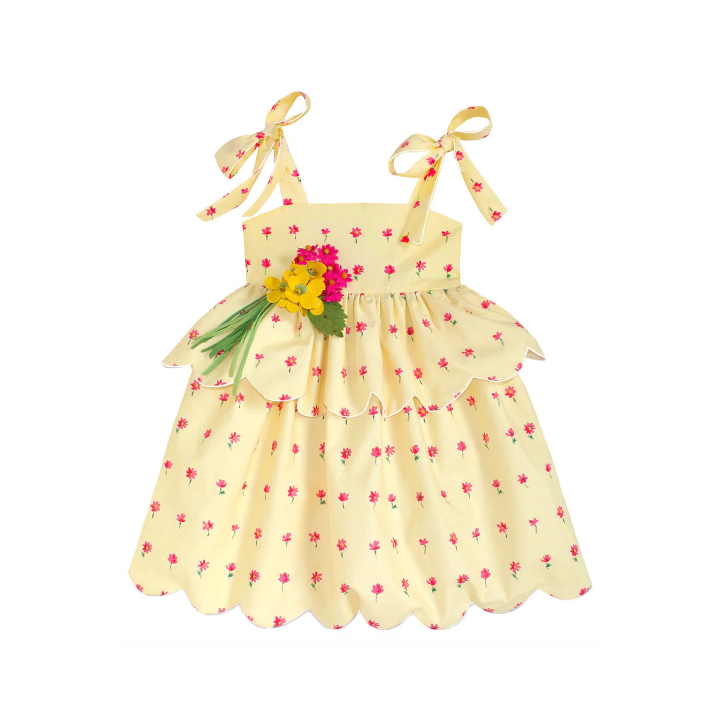 Scallop Peplum Petal Dress in Yellow & Pink Daisies