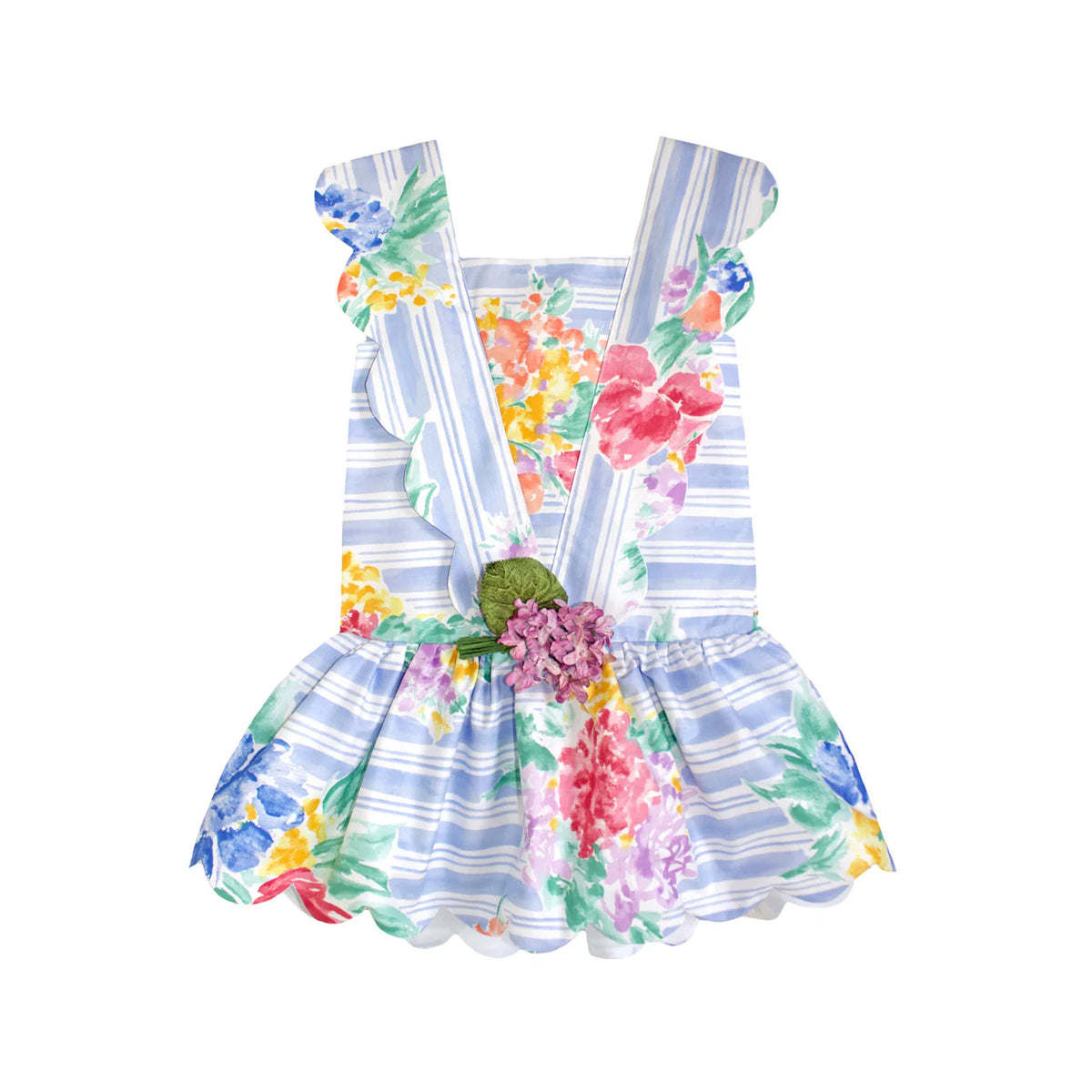 Front view of Scallop Petal Dress in French Painterly Florals showcasing scalloped edges and flower pin on white background