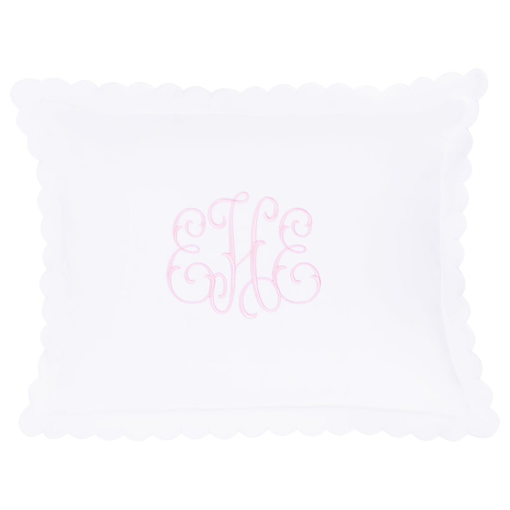 Little English baby pillow case with scallop edge trimmed in white embroidery, nursery goods for baby