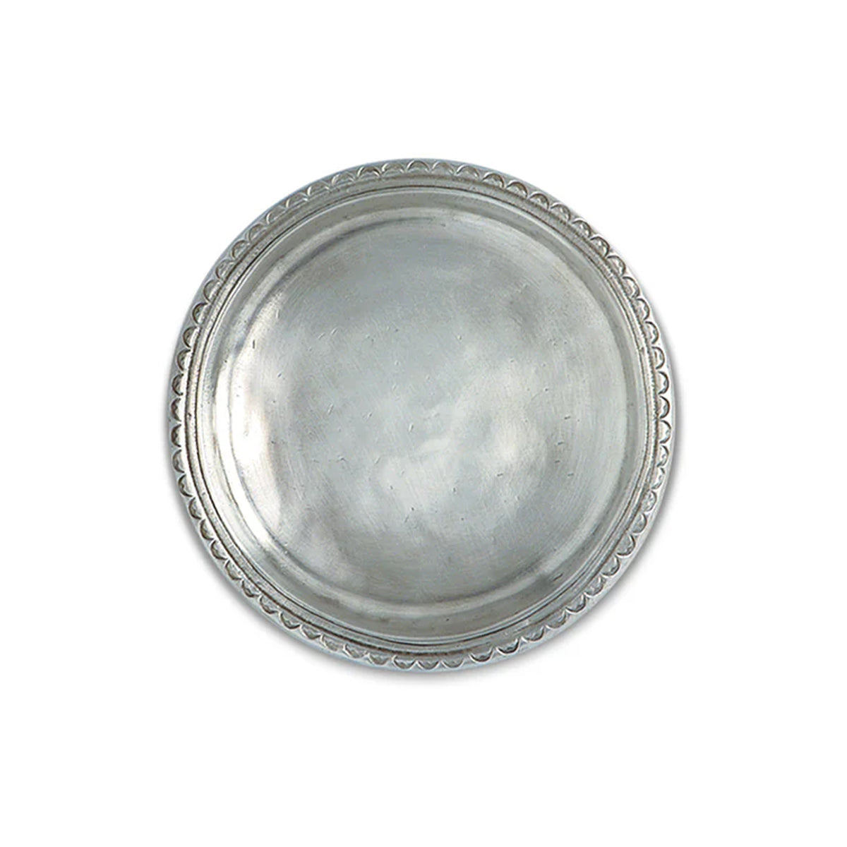 Top view of Scallop Rimmed Bottle Coaster showcasing scalloped pewter rim with white background