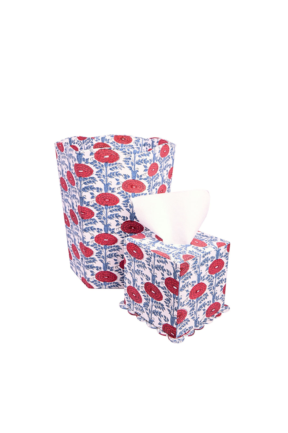 Three-quarter view of scallop tissue box cover in Araminta Blockprint showcasing scalloped edge and red floral hand-blockprint on white background