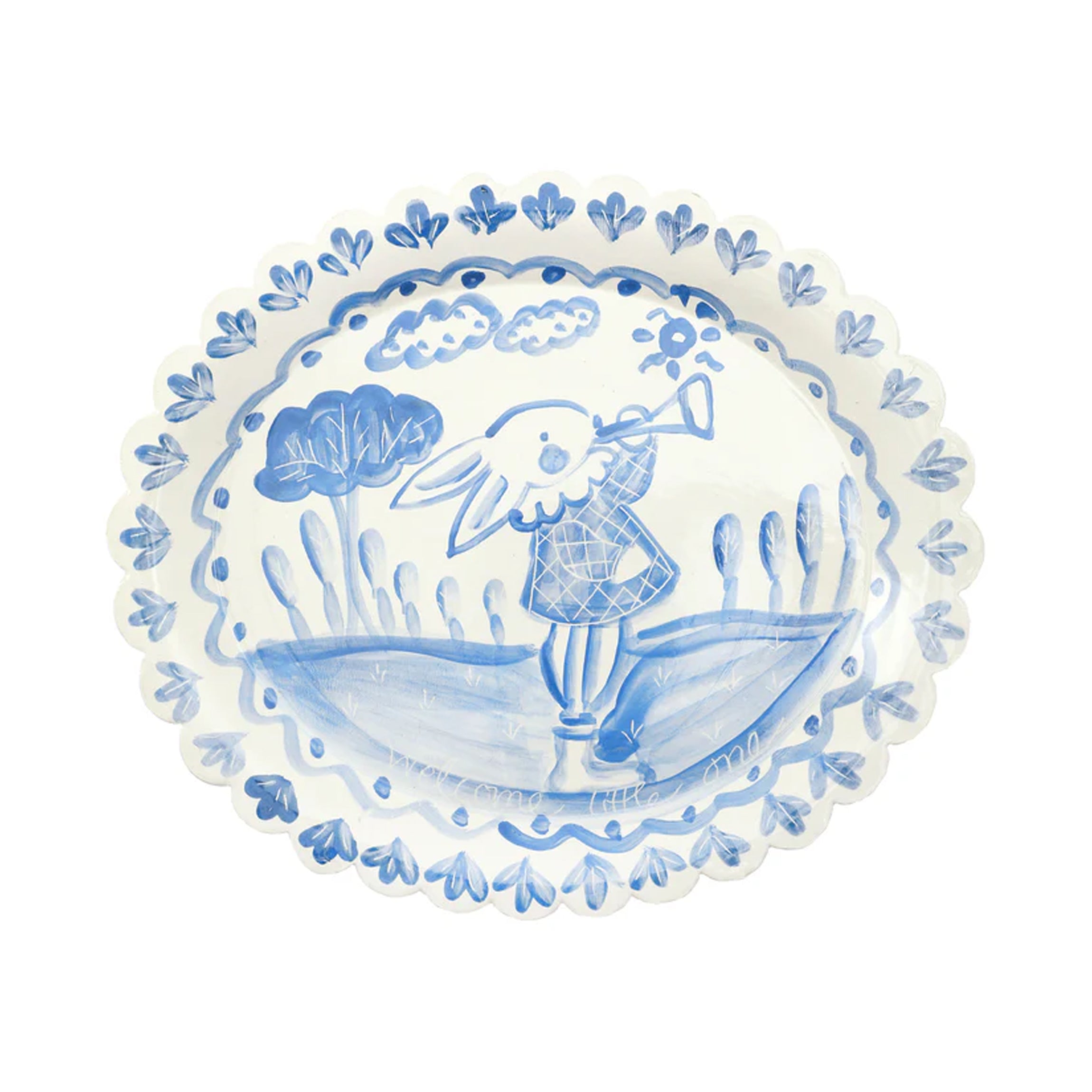 Scalloped Birth Plate in Blue with Rabbit