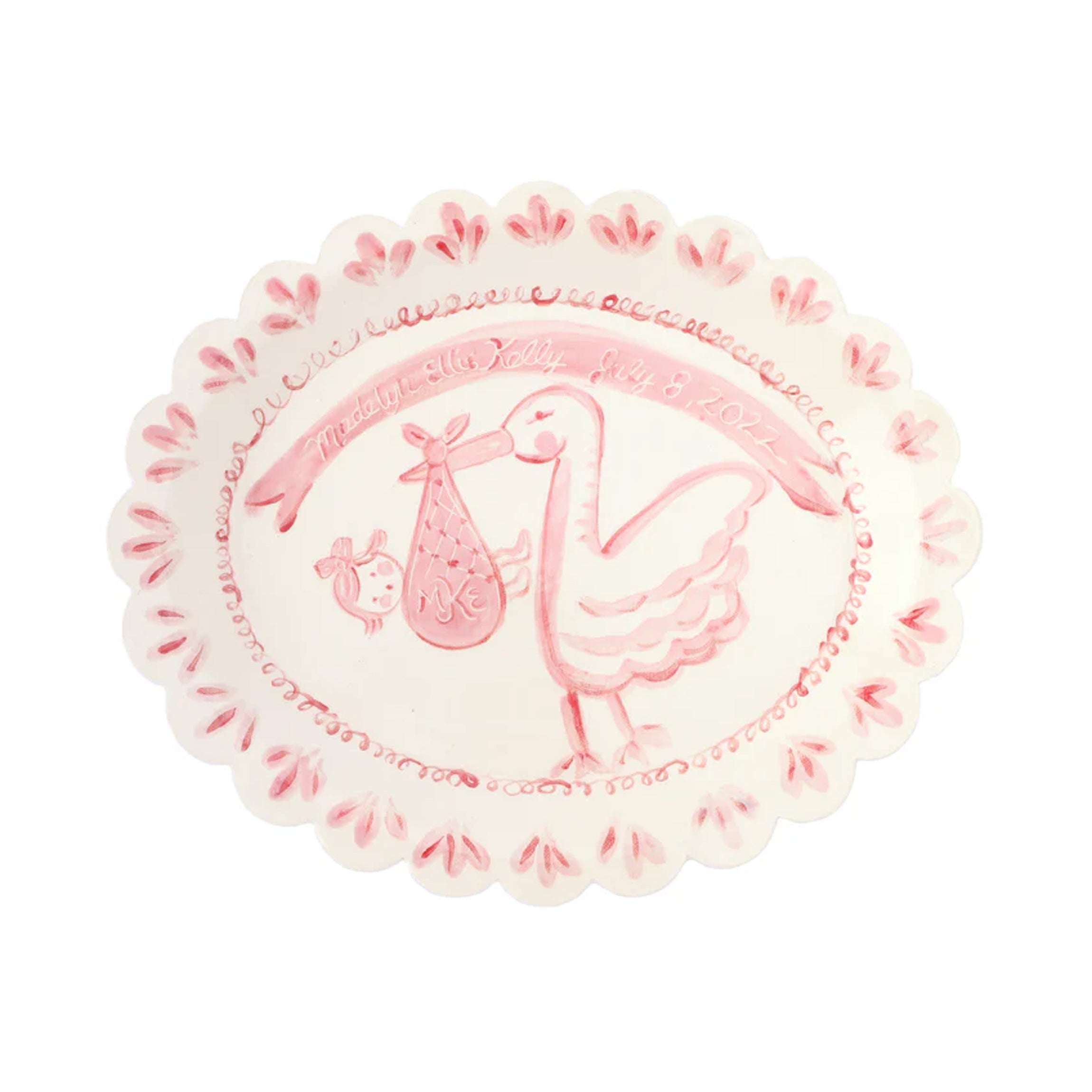 Scalloped Stork Birth Plate in Pink