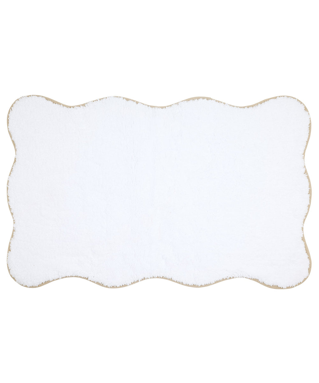 Rebecca Udall Luxury Classic Cotton Scalloped Wavy Piped Edge Bath Mat, White with Taupe Sand Beige Trim