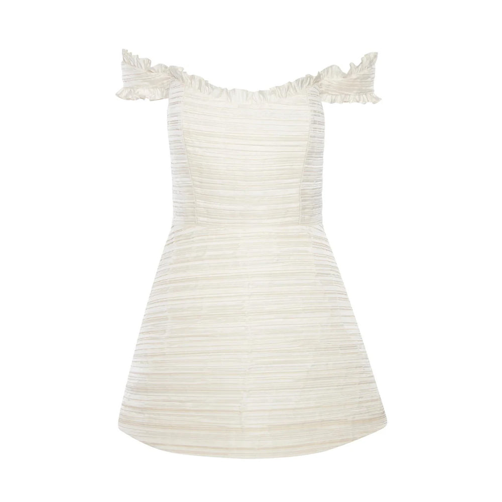 Scarlett Pleated Off-The-Shoulder Mini Dress in Duchess Satin