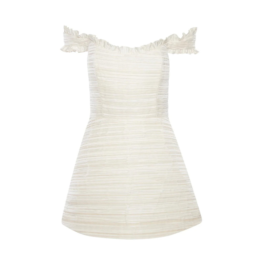 Scarlett Pleated Off-The-Shoulder Mini Dress in Duchess Satin