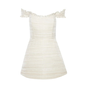 Scarlett Pleated Off-The-Shoulder Mini Dress in Duchess Satin