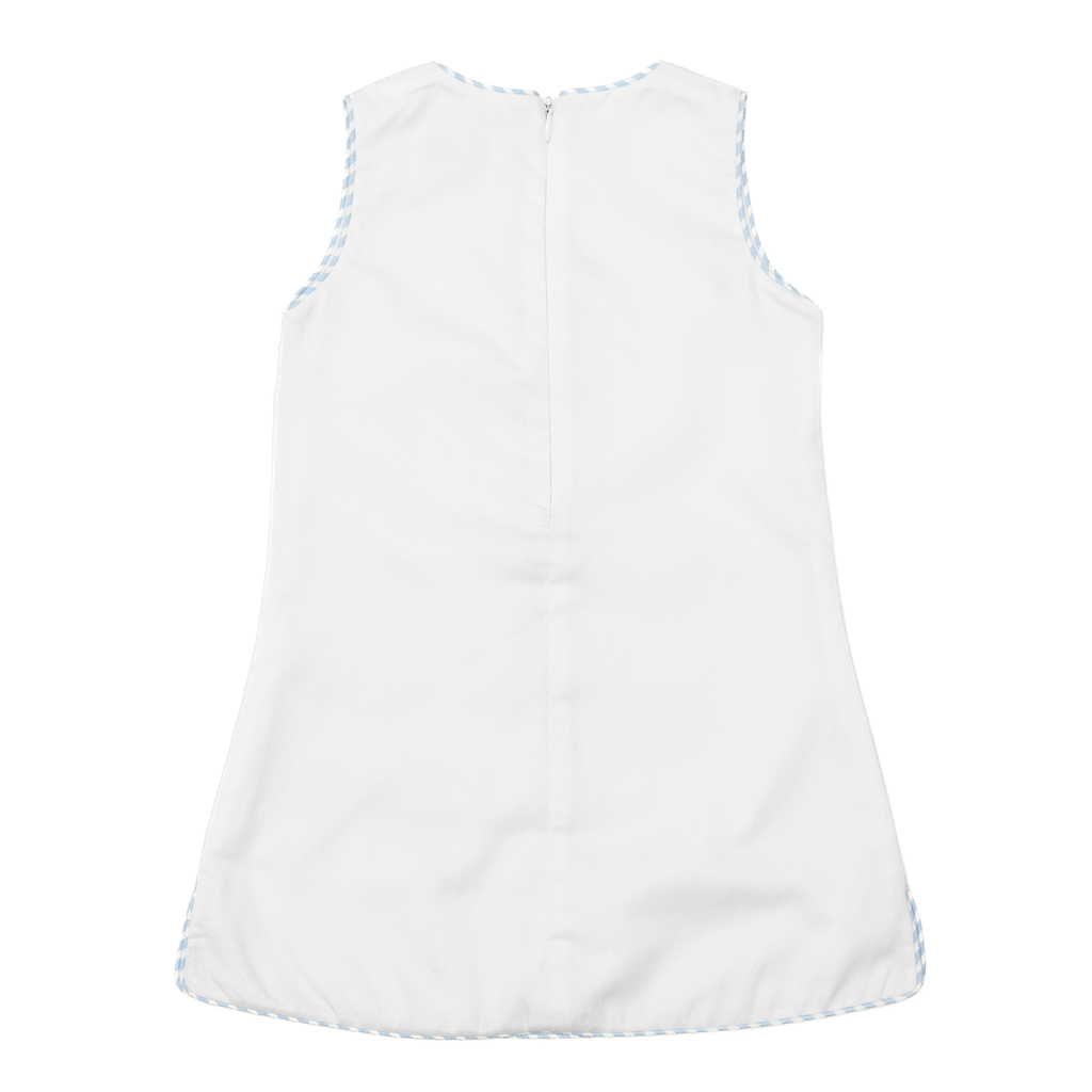 Henry Duvall girls Schuyler Dress, a timeless white piqué summer dress with preppy striped trim and bow appliqué.
