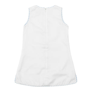 Henry Duvall girls Schuyler Dress, a timeless white piqué summer dress with preppy striped trim and bow appliqué.