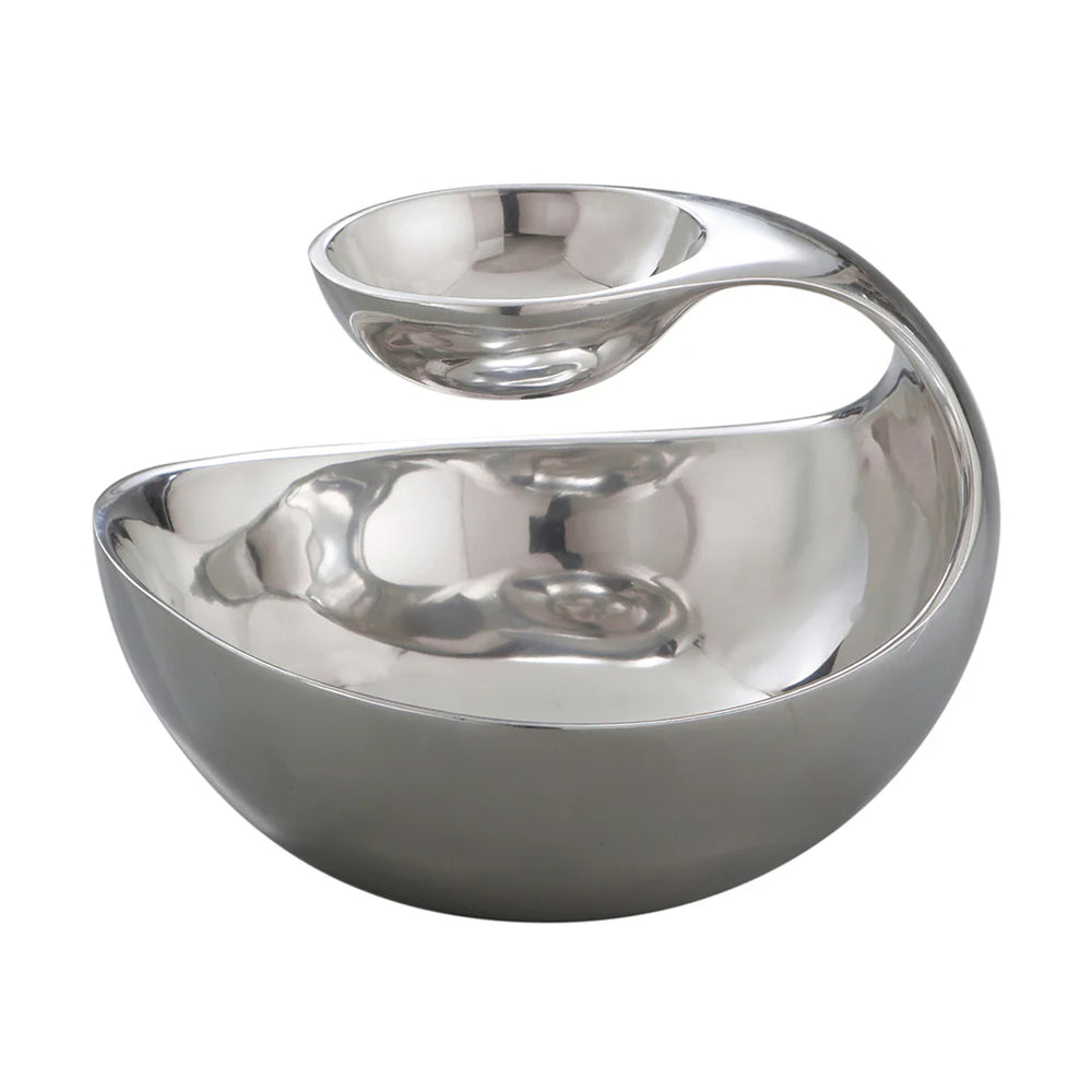 Angled view of Scoop Server, polished alloy two-tier serving bowl with a small hanging dip bowl above on white background