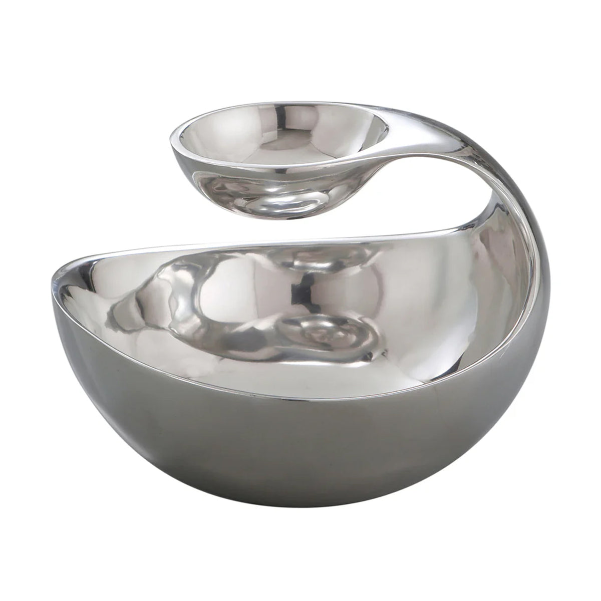 Angled view of Scoop Server, polished alloy two-tier serving bowl with a small hanging dip bowl above on white background
